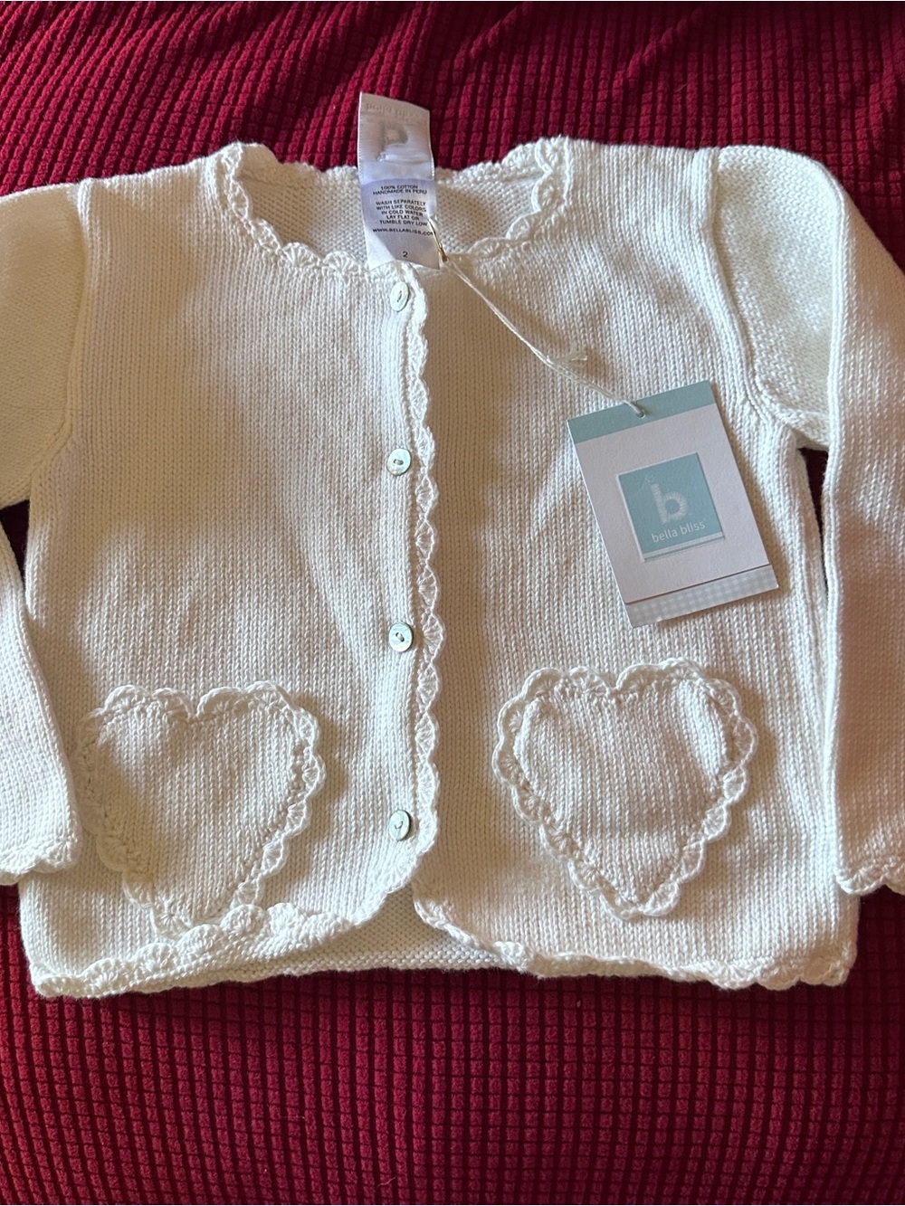 Bella bliss white cardigan with heart-shaped appliques nwt 2y
